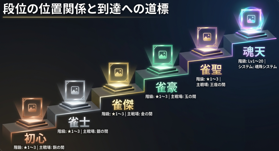 麻雀ゲーム「雀魂」の初心から魂天までの段位と、各段位で使用する卓を階段状に示した図です。